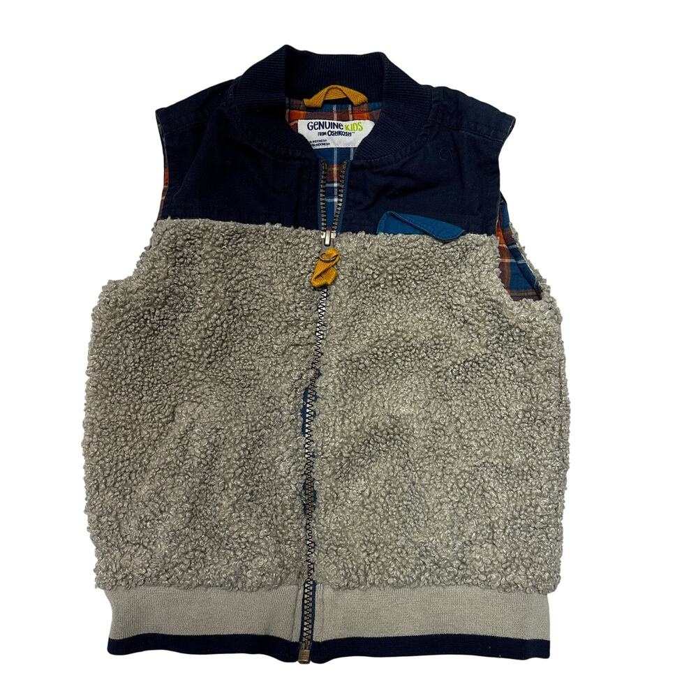 OshKosh B'gosh Vest Toddler 4T Khaki/Navy Sherpa Fleece Colorblock Plaid Lined